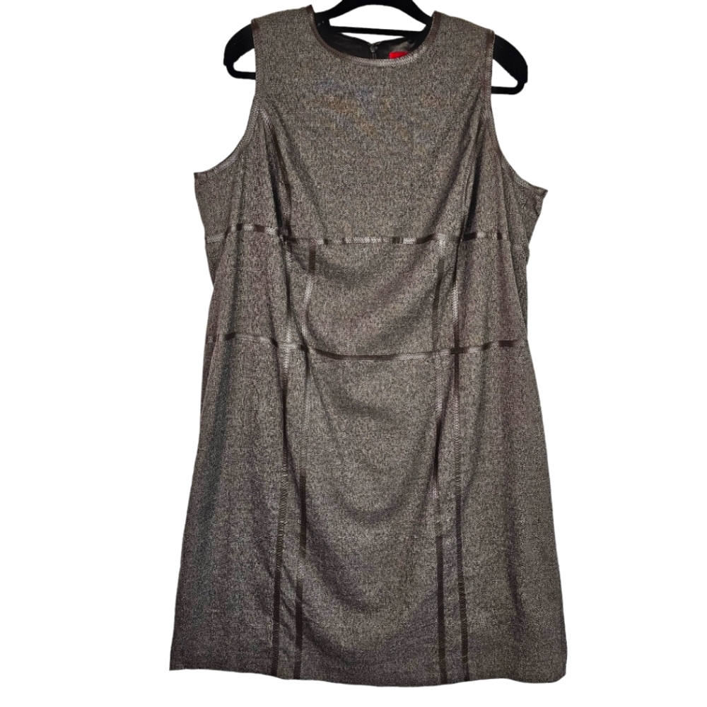 G.I.L.I. Dress Sz 22W Sleeveless Sheath Dress Tweed w/ Leatherette Trim Brown